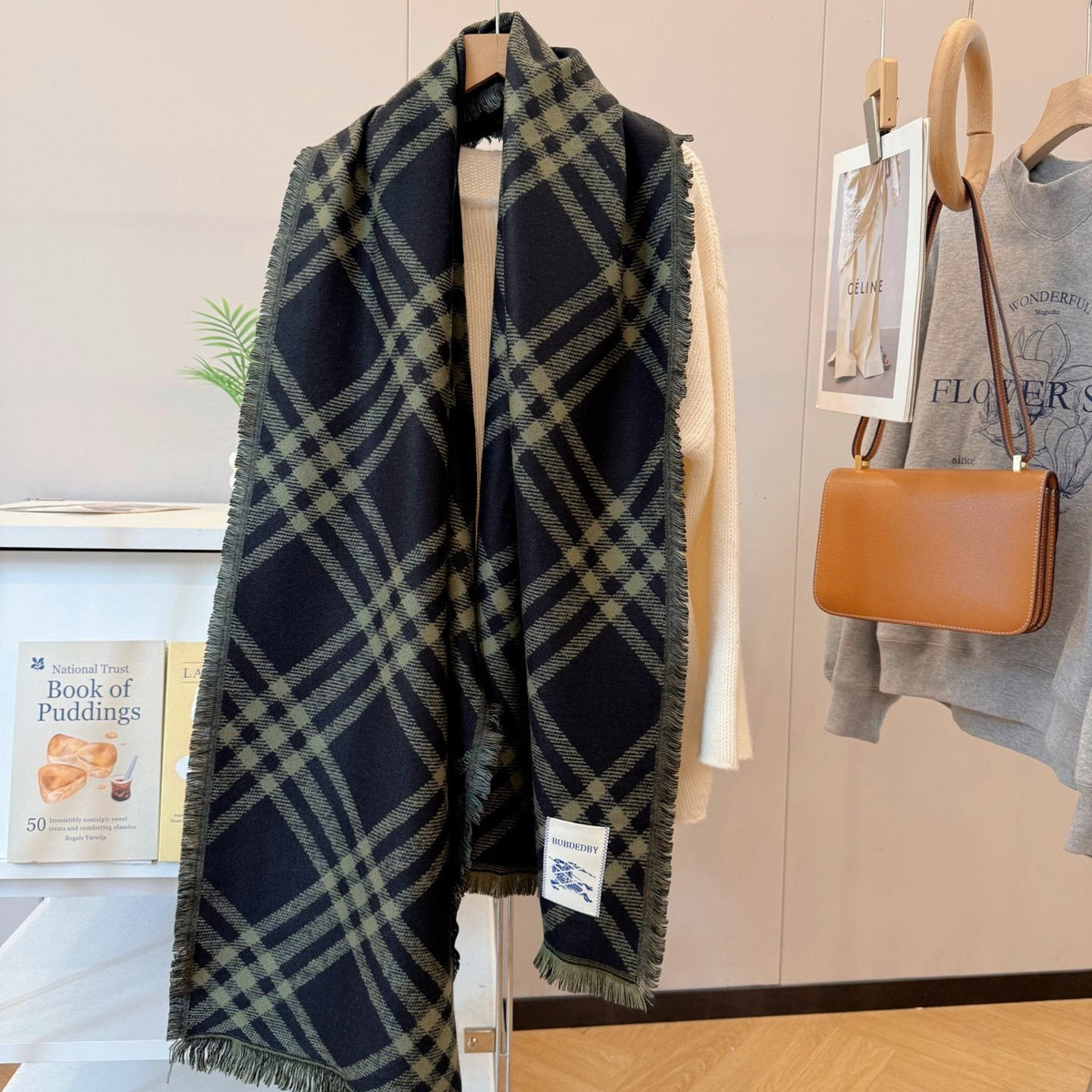 Burberry Black and Olive Green Plaid Scarf — front