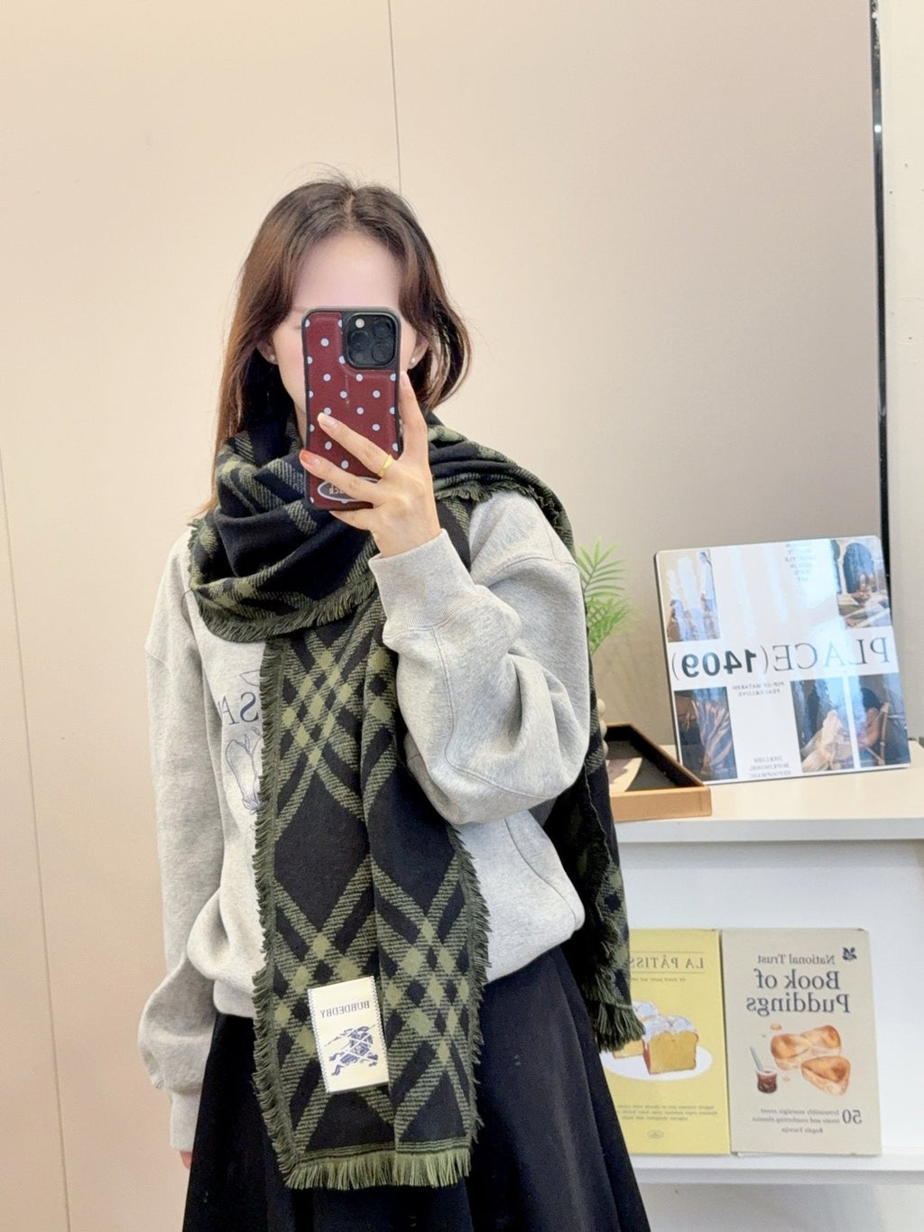 Burberry Black and Olive Green Plaid Scarf — model