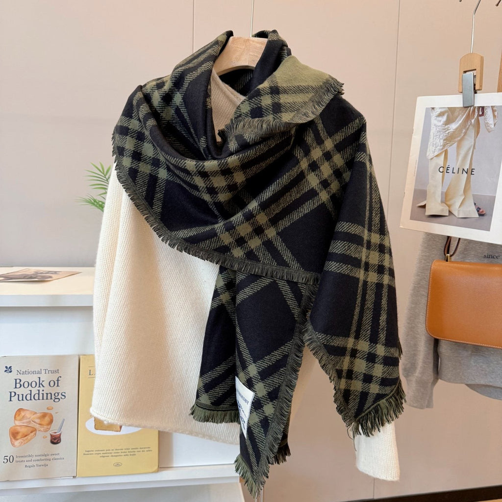 Burberry Black and Olive Green Plaid Scarf — front