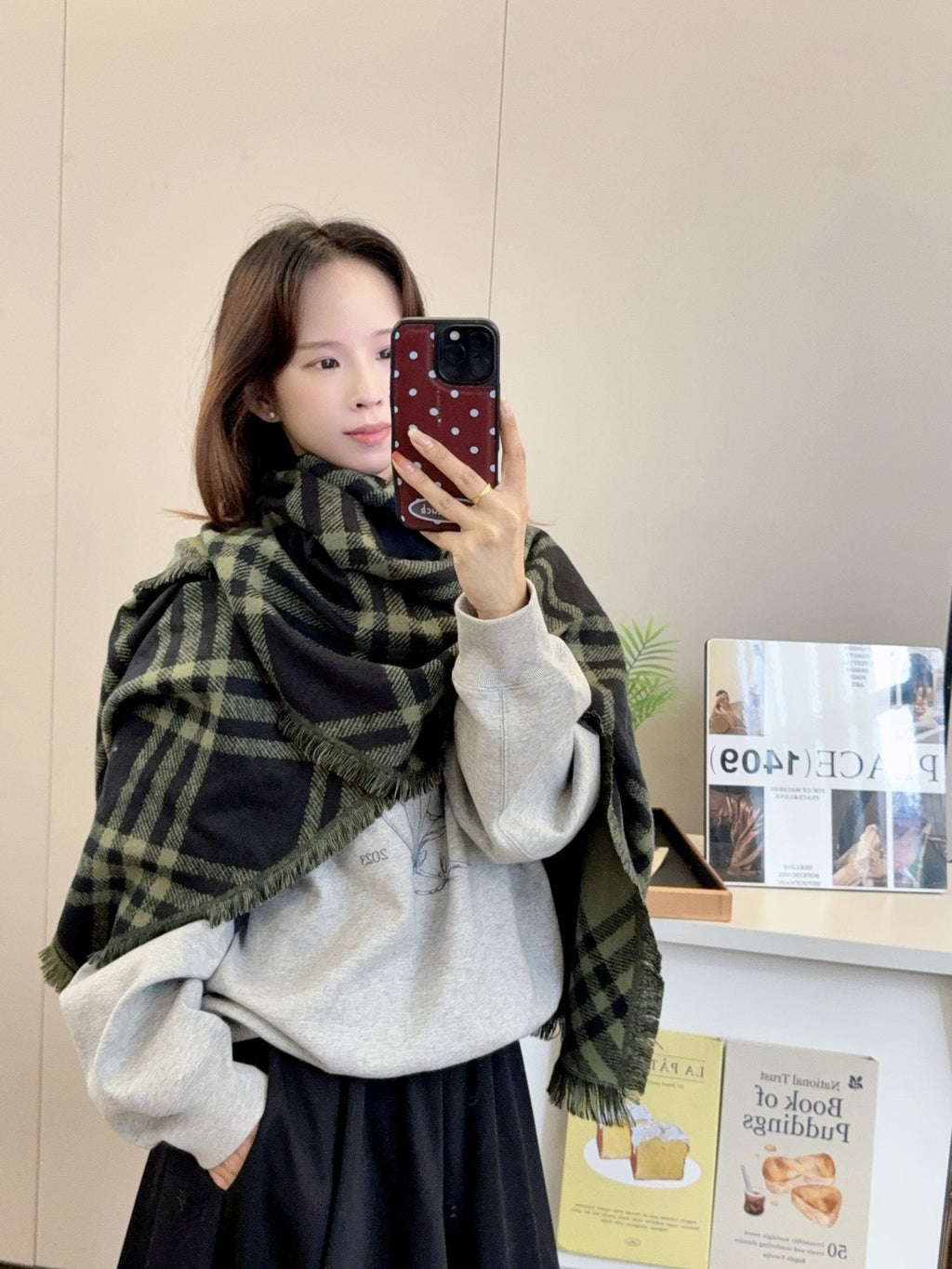 Burberry Black and Olive Green Plaid Scarf — model