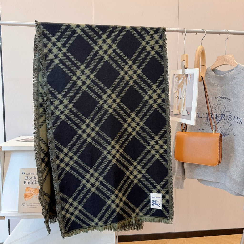 Burberry Black and Olive Green Plaid Scarf — hero