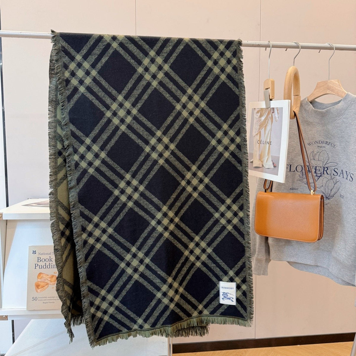 Burberry Black and Olive Green Plaid Scarf — hero