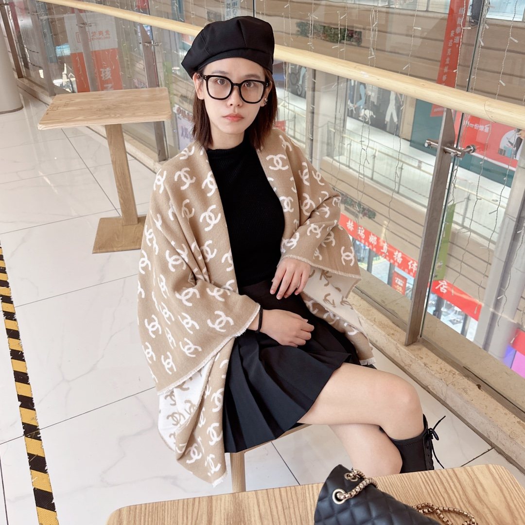 Chanel Fringed Monogram Shawl — model