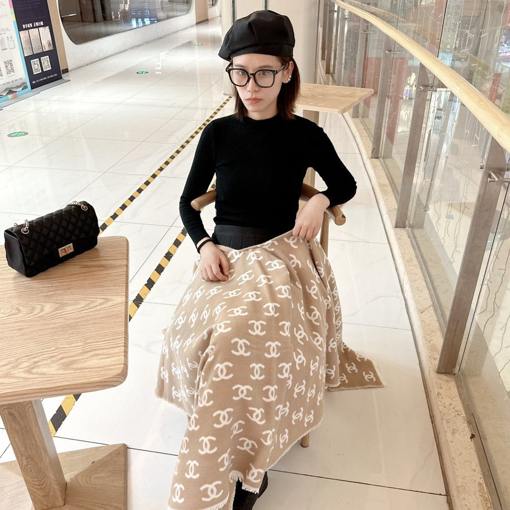 Chanel Fringed Monogram Shawl — model