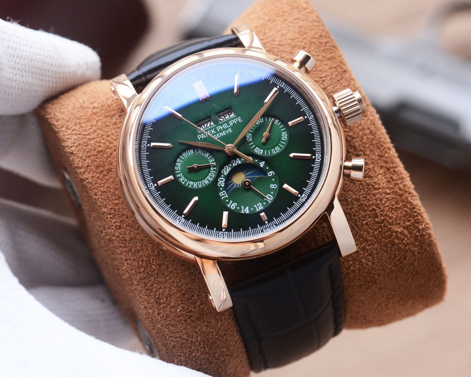 Patek Philippe Rose Gold Brown Green Dial Strap Watch — hero