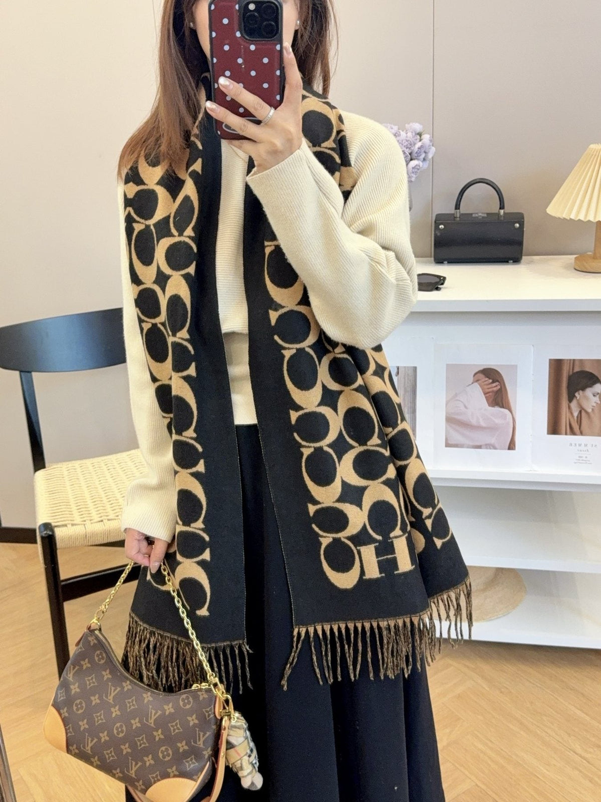Coach Patterned Fringed Scarf — model