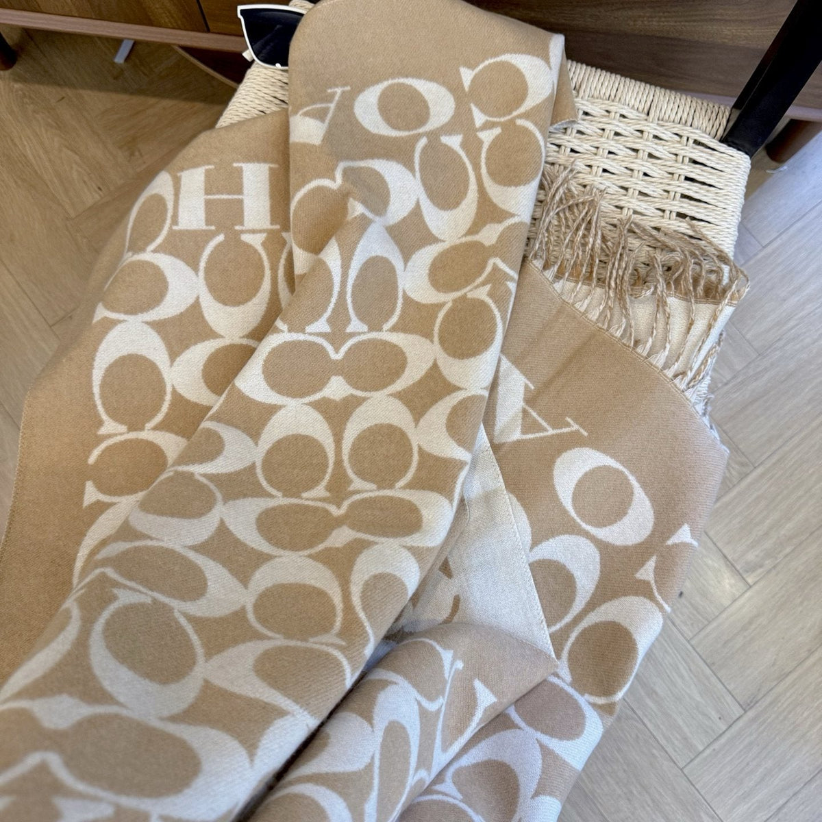 Coach Patterned Fringed Scarf — detail