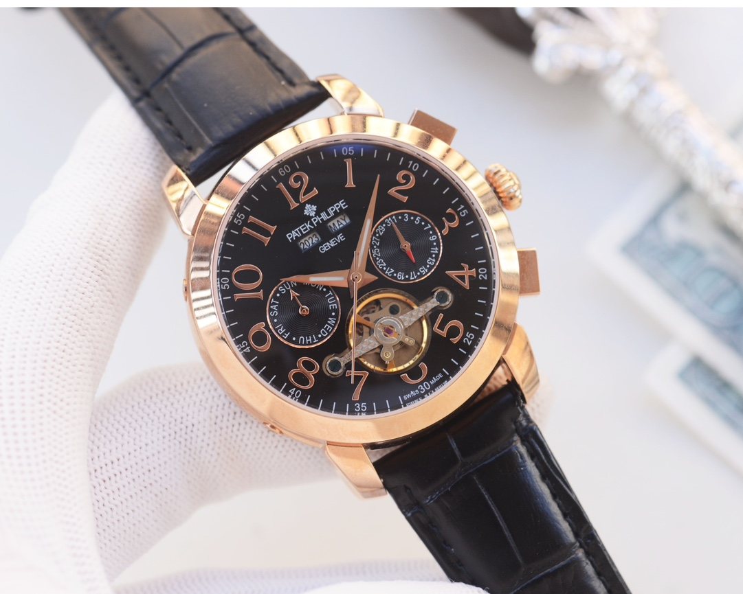 Patek Philippe Rose Gold Black Dial Strap Watch — hero