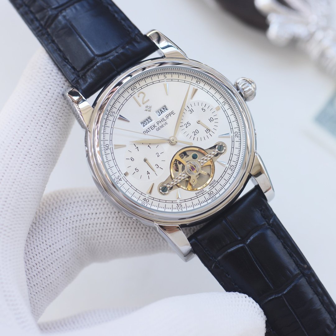 Patek Philippe Silver Black White Dial Strap Watch — front