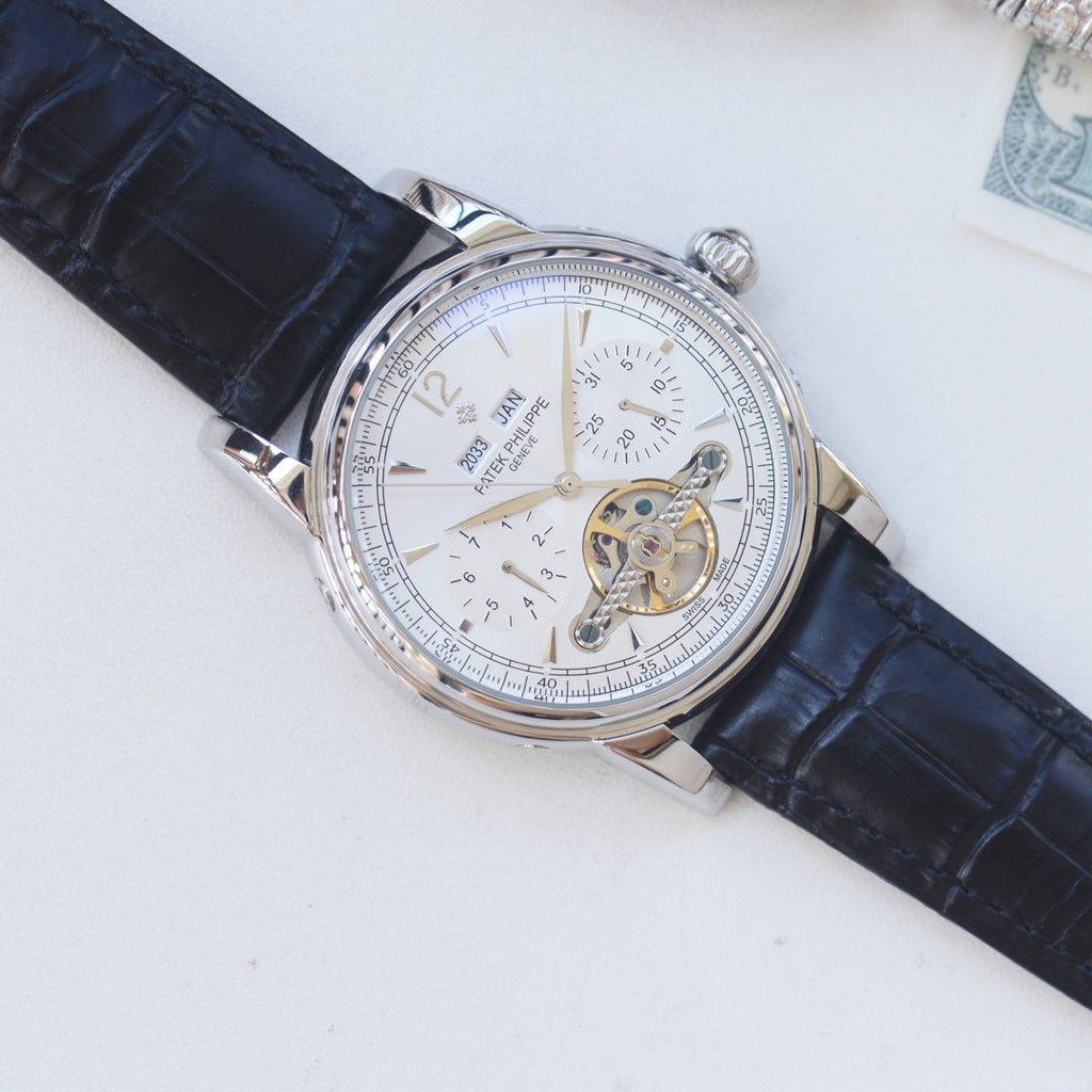 Patek Philippe Silver Black Dial Strap Watch — hero