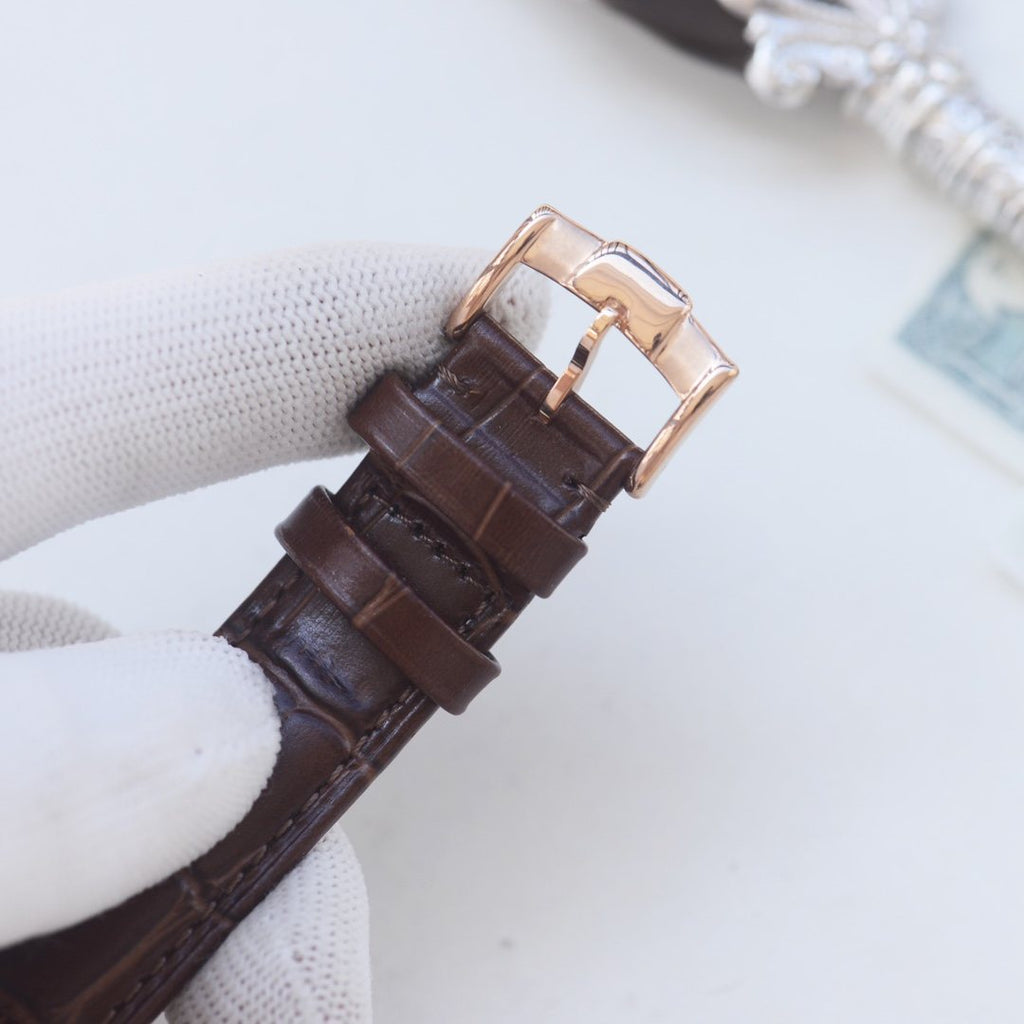 Patek Philippe Rose Gold Brown Black Dial Strap Watch — detail