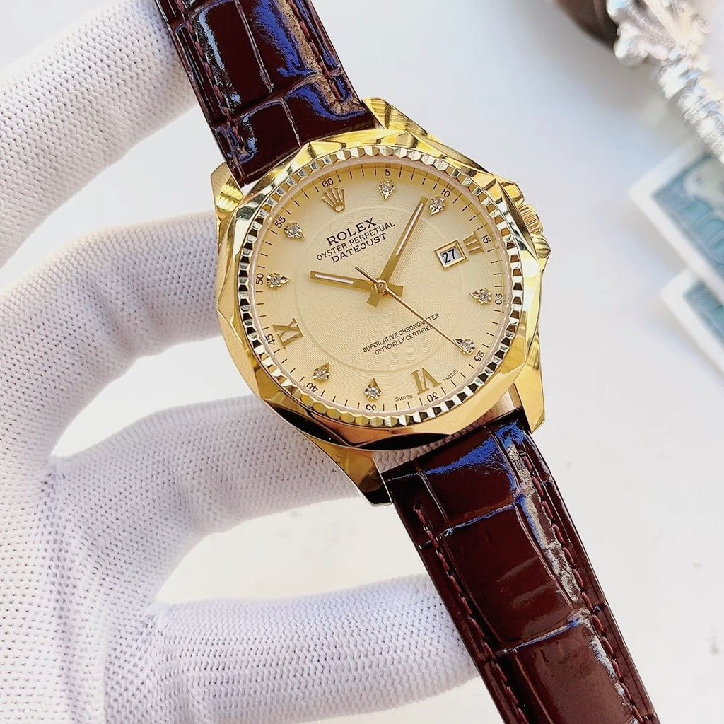 Rolex Cream Dial Brown Strap Watch — front