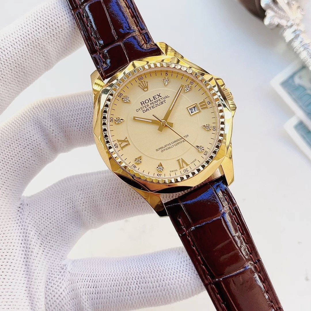 Rolex Cream Dial Brown Strap Watch — front