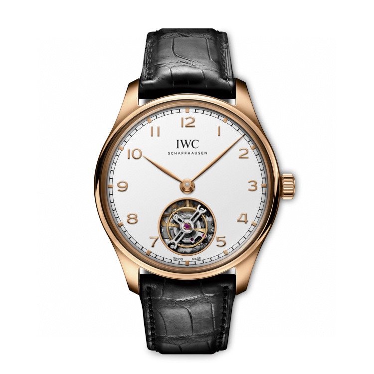 IWC Rose Gold Black Leather Strap Watch — hero