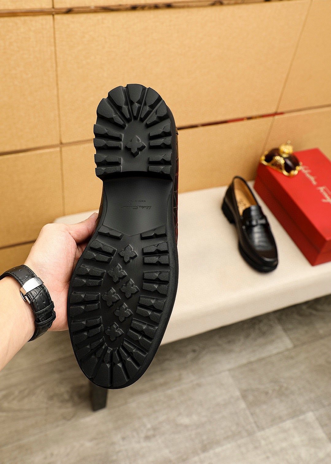 Ferragamo Black Embossed Leather Loafers — detail