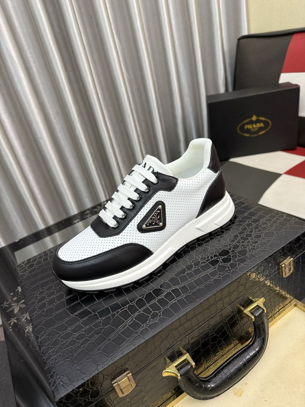 Prada White and Black Low-Top Sneakers — front