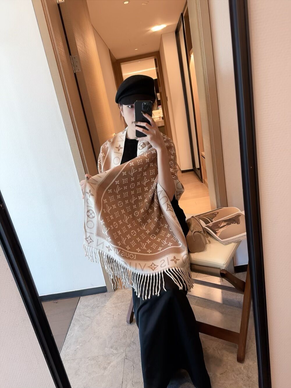 Louis Vuitton Monogram Fringed Scarf — model