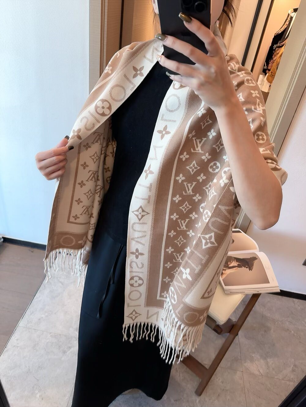 Louis Vuitton Monogram Fringed Scarf — model