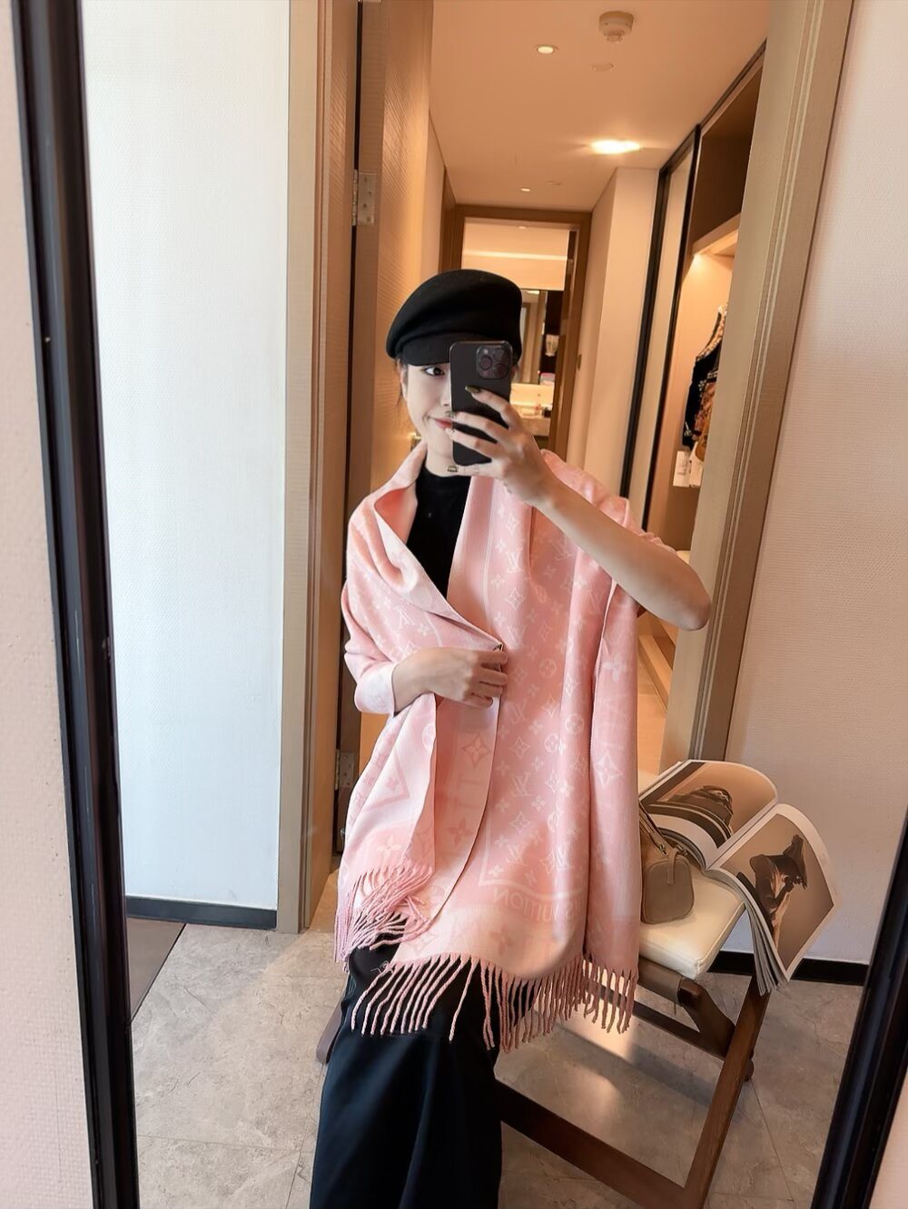 Louis Vuitton Monogram Fringed Scarf — model
