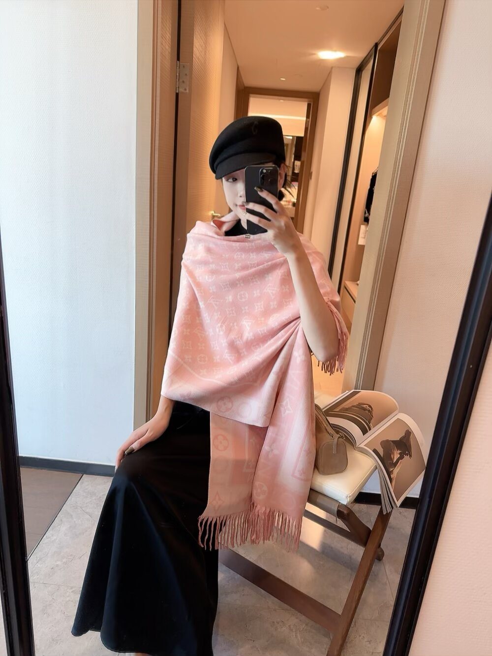 Louis Vuitton Monogram Fringed Scarf — model
