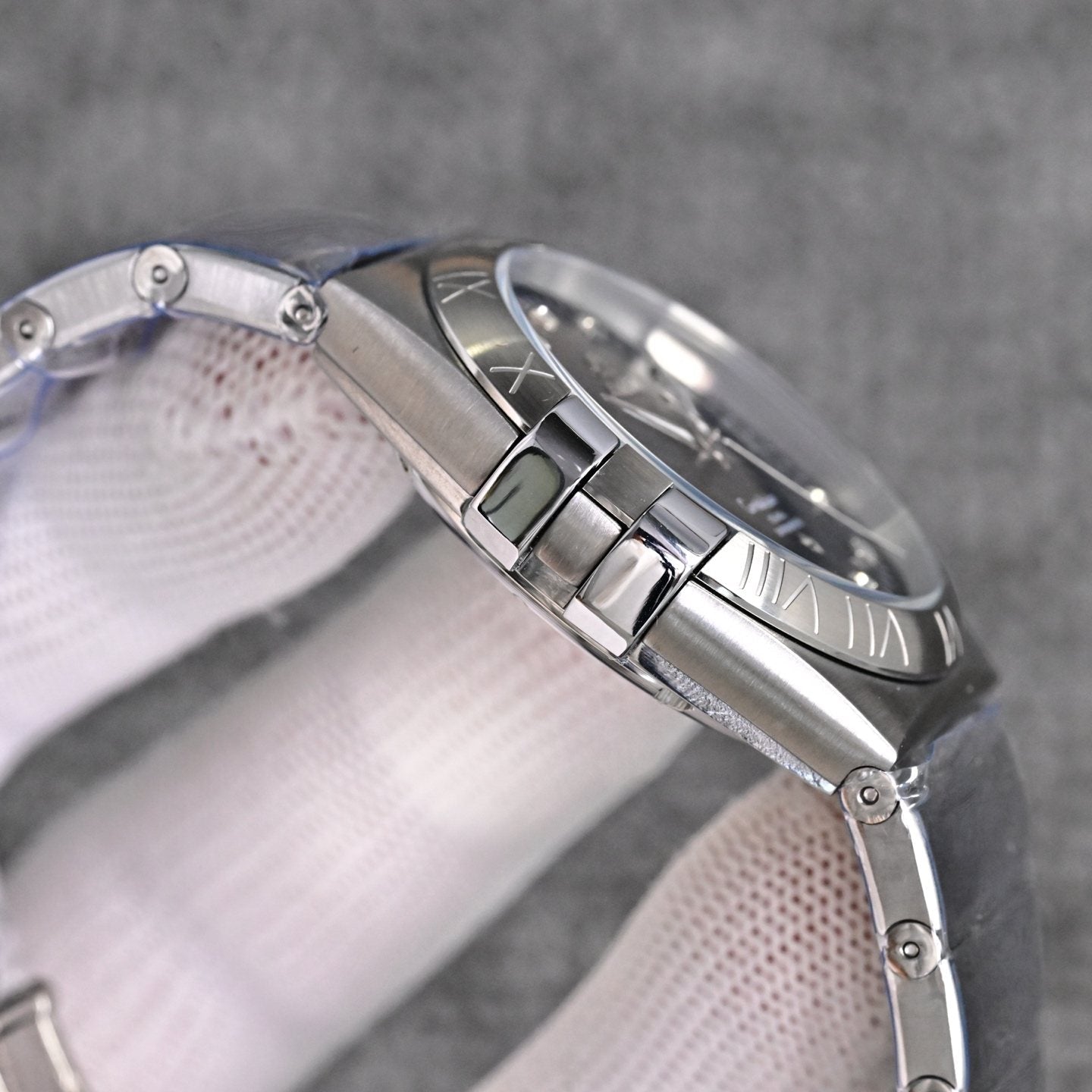 Omega Two Tone Silver Gold Dial Bracelet Watch — side