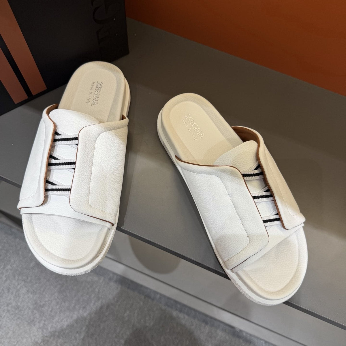ZEGNA White Striped Slide Sandals — front