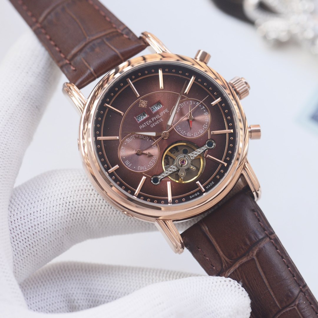 PATEK PHILIPPE Rose Gold Brown Leather Strap Watch — hero