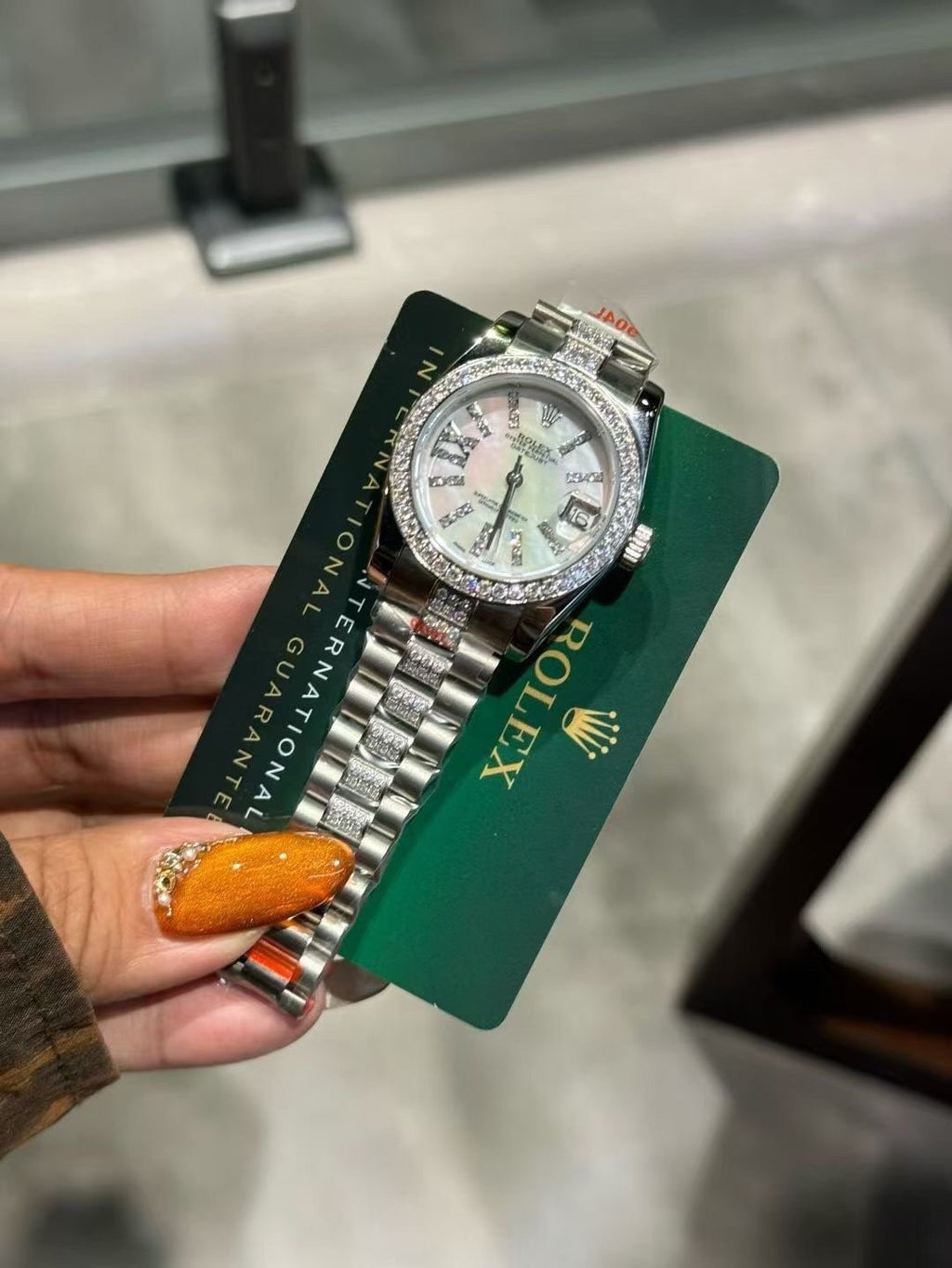 Rolex Crystal Bezel White Dial Watch — front