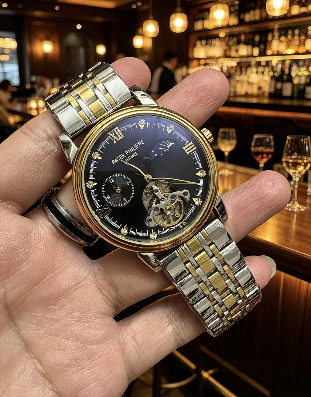 Patek Philippe Two Tone Gold Black Dial Bracelet Watch — hero