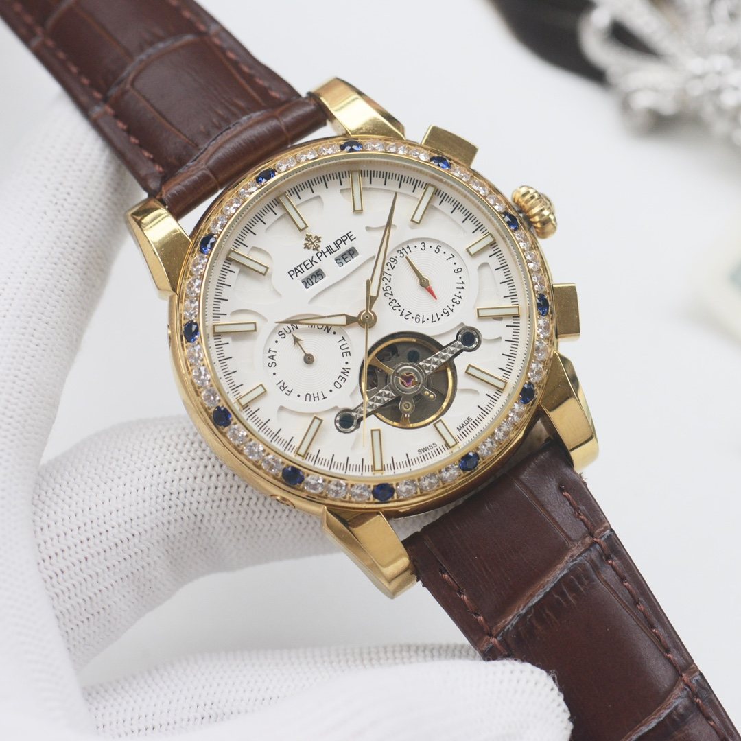 PATEK PHILIPPE Gold Brown White Dial Strap Watch — hero