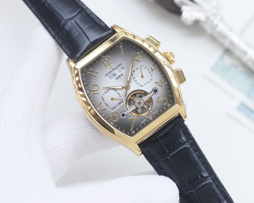 Patek Philippe Gold Black White Dial Strap Watch — hero