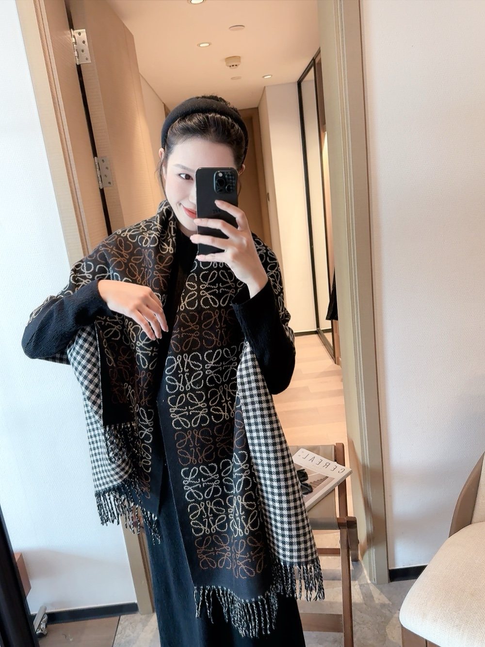 Patterned Fringe Scarf — model