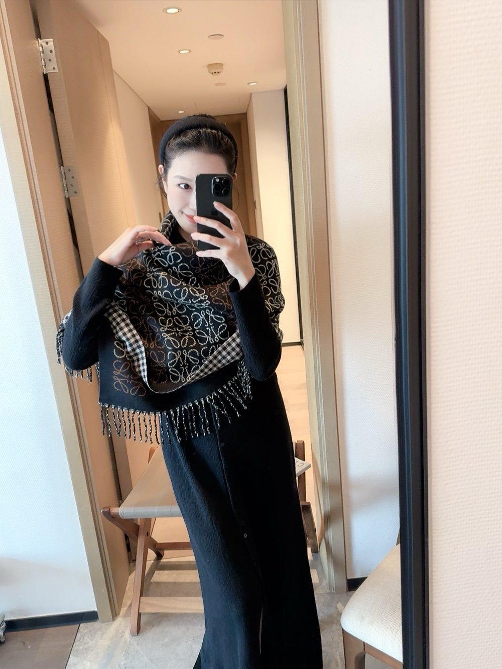 Patterned Fringe Scarf — model