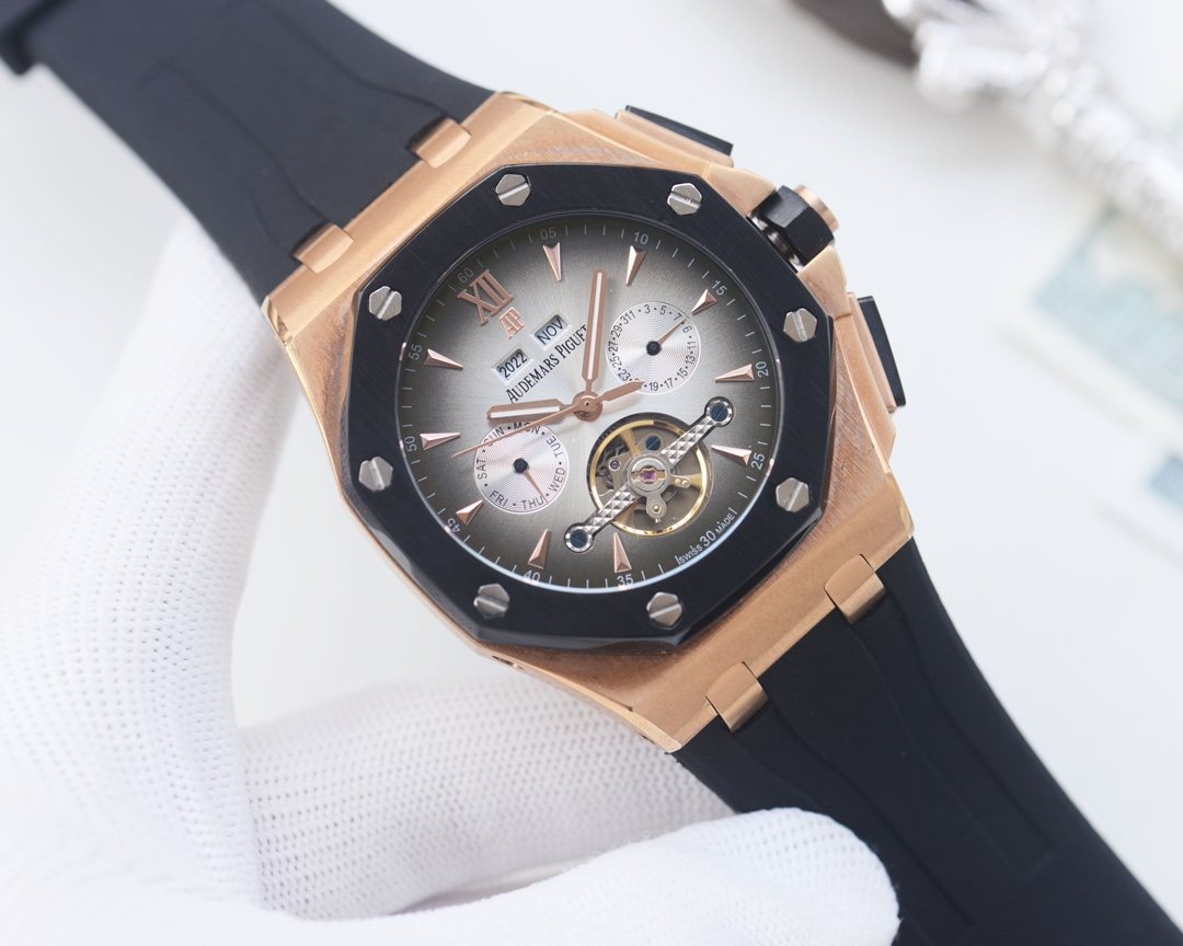 Audemars Piguet Rose Gold Black Strap Watch — hero