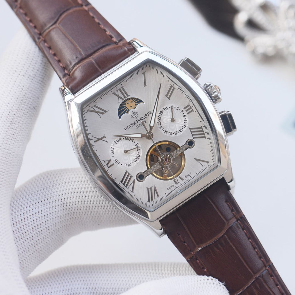 PATEK PHILIPPE Silver Brown White Dial Leather Strap Watch — front