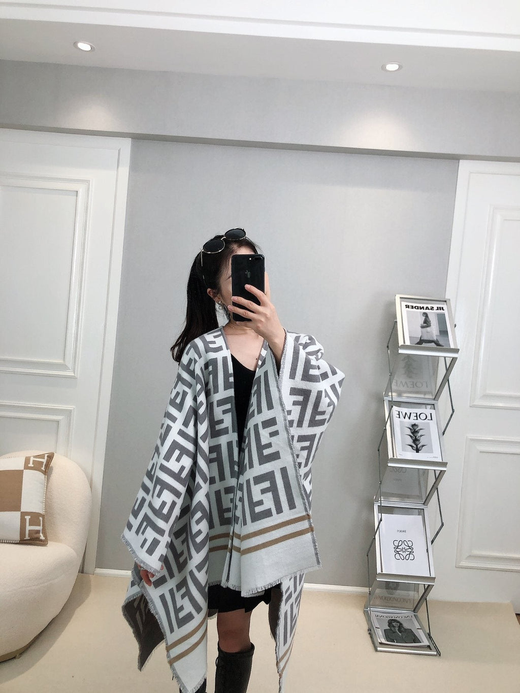 Fendi Geometric Trim Shawl — model