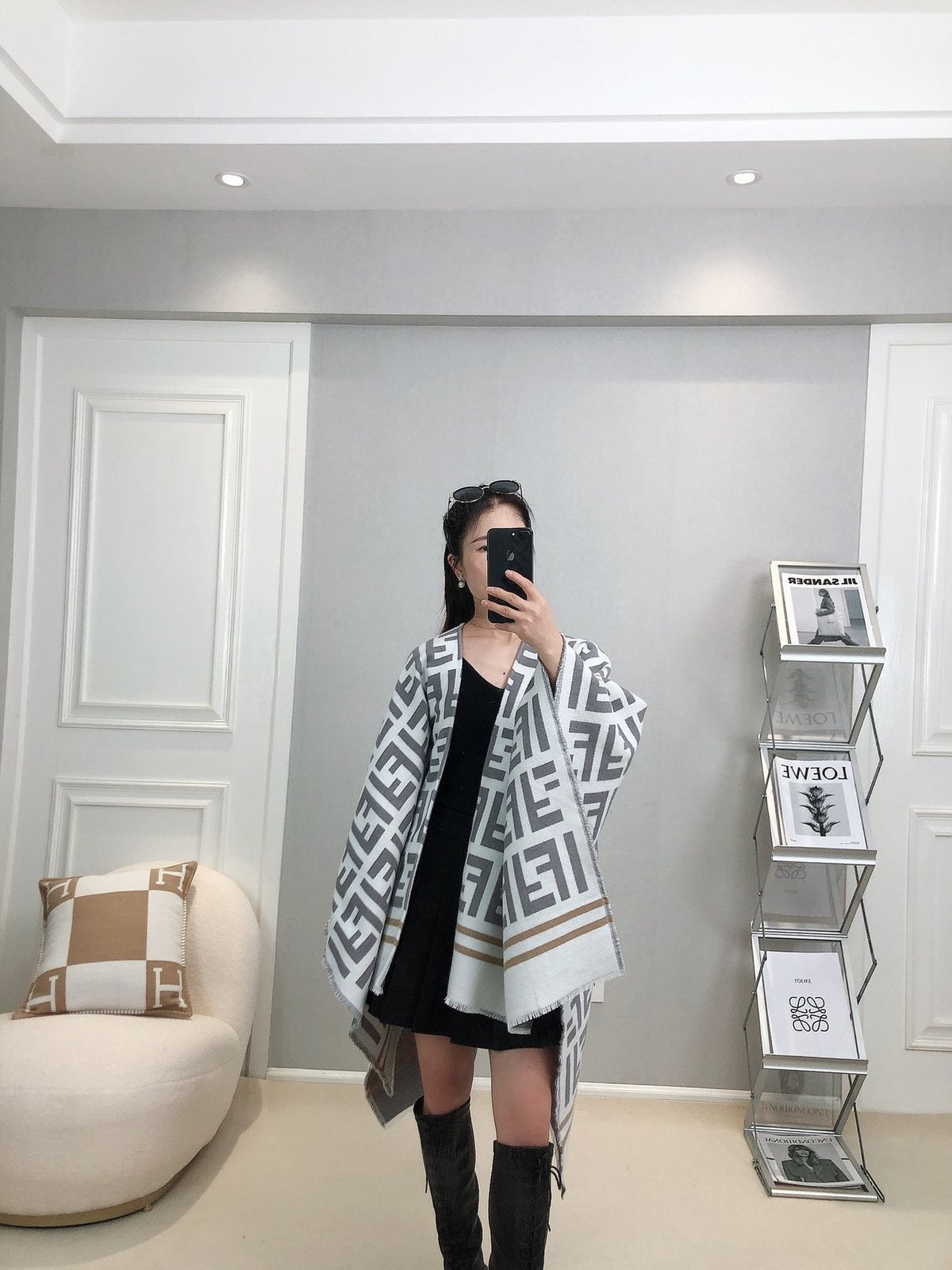 Fendi Geometric Monogram Fringe Shawl — model