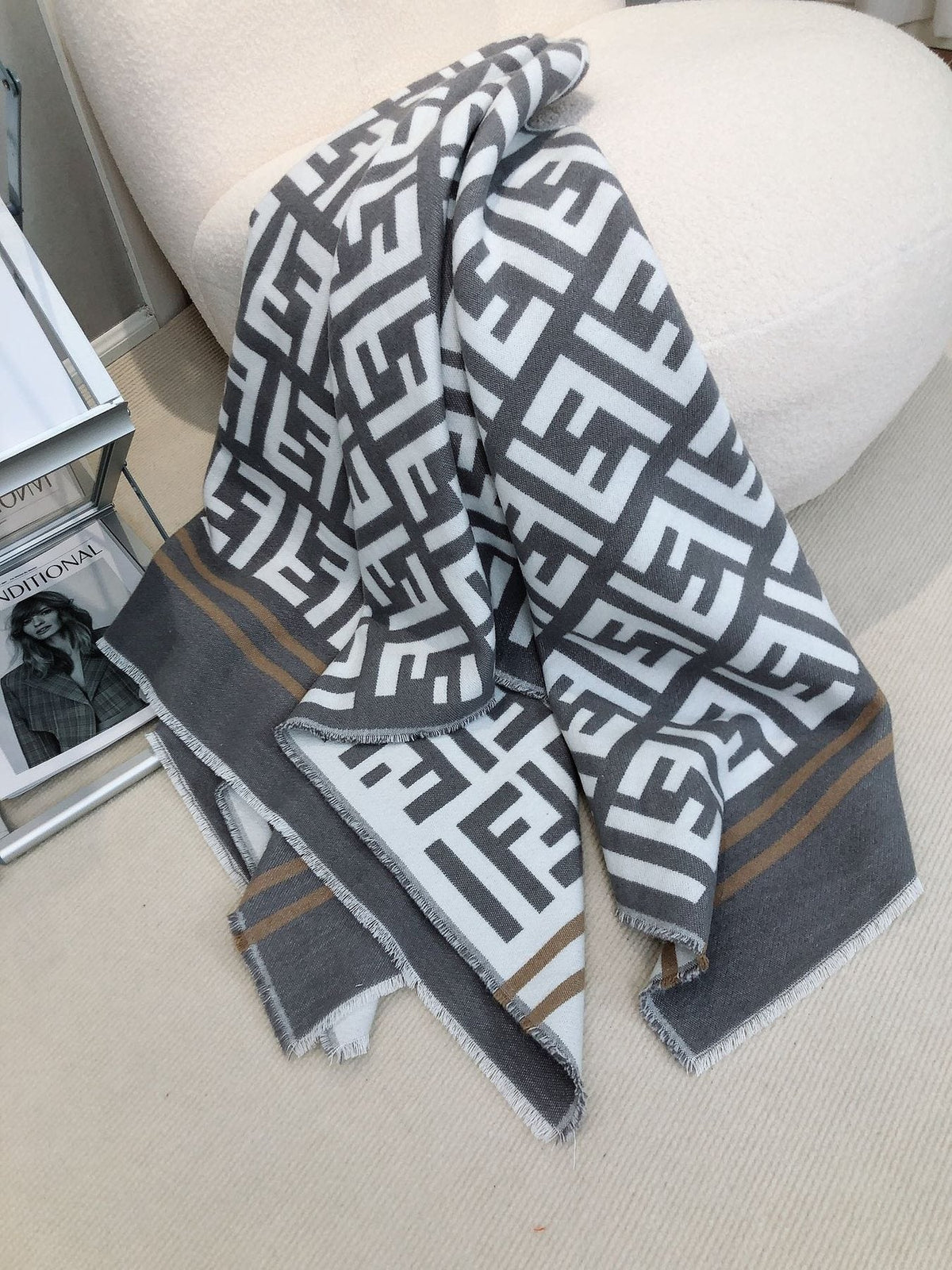 Fendi Geometric Monogram Fringe Shawl — front