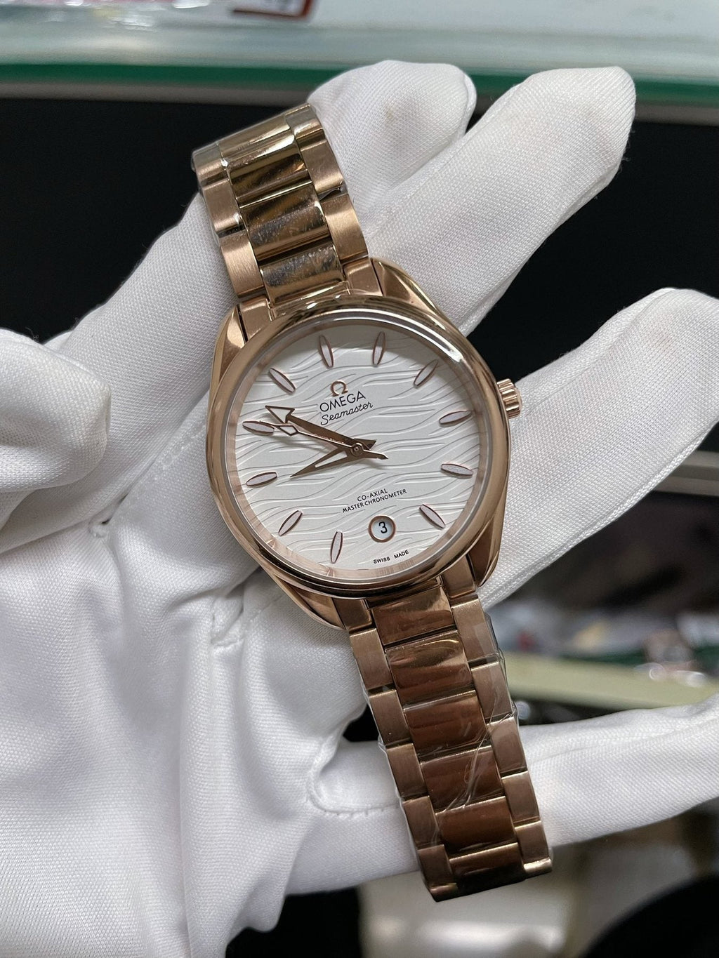 Omega Rose Gold-Tone White Dial Watch — front