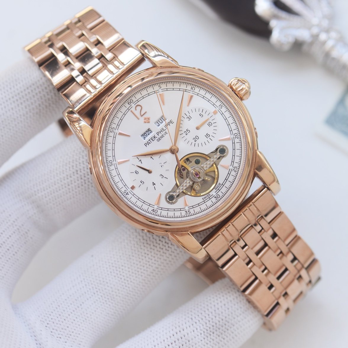 Patek Philippe Rose Gold White Dial Bracelet Watch — front