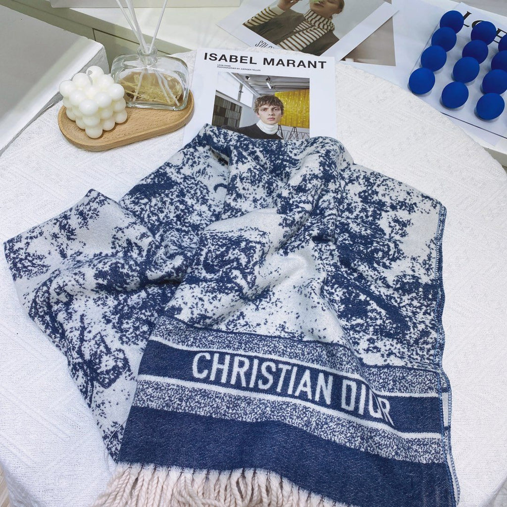 Dior Blue & White Toile Fringed Scarf — front