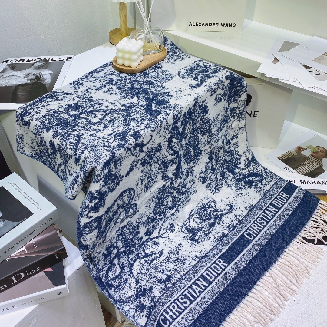 Dior Blue & White Toile Fringed Scarf — front