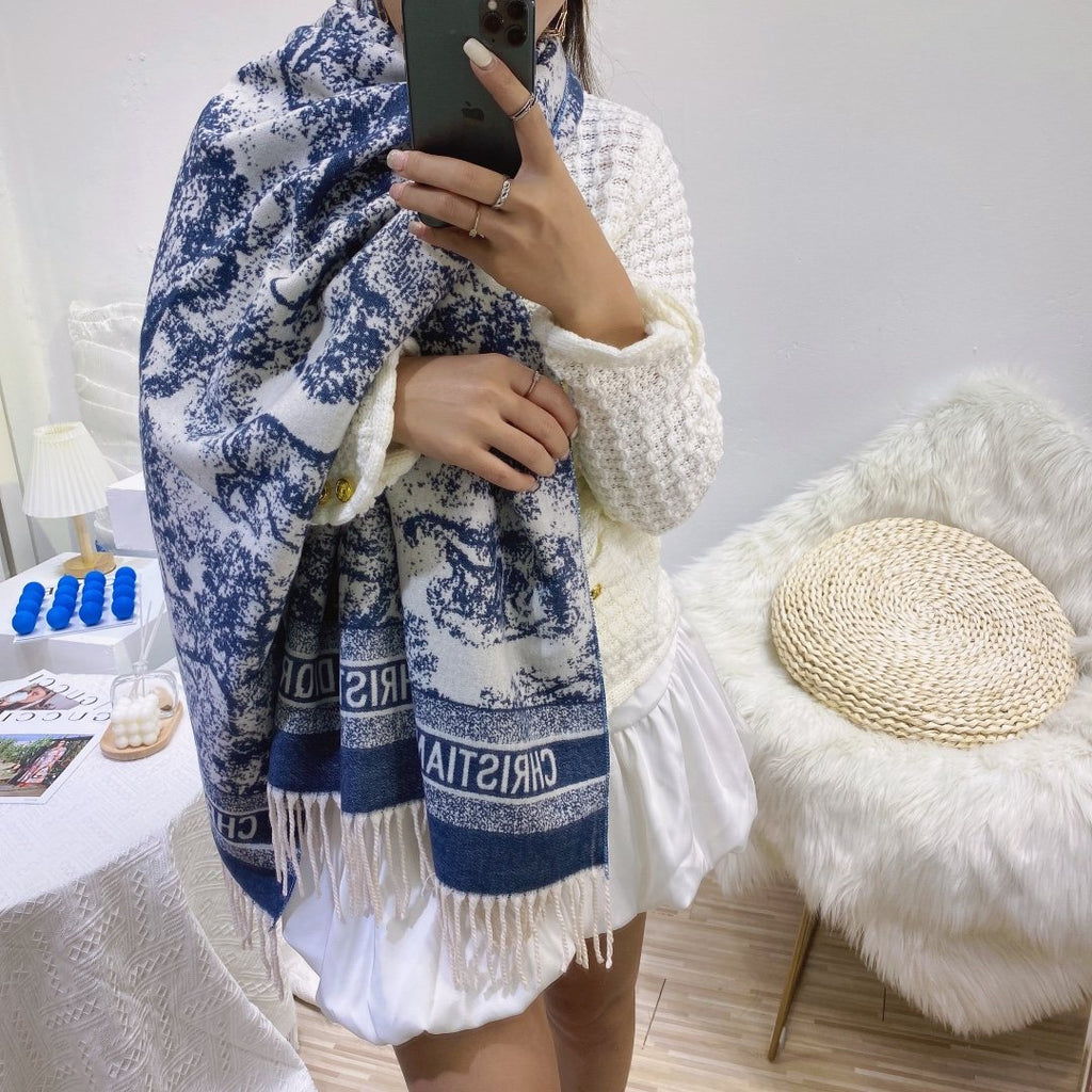 Dior Blue & White Toile Fringed Scarf — model