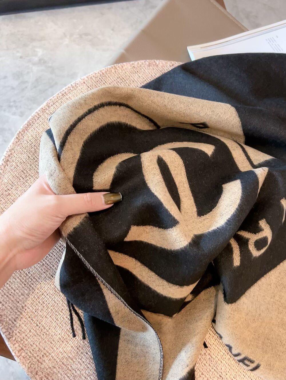 Chanel Fringed Logo Scarf Shawl — detail