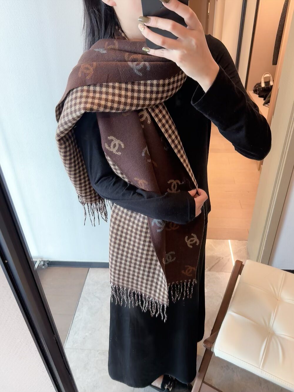 Chanel Reversible Interlocking-C Fringe Scarf — model