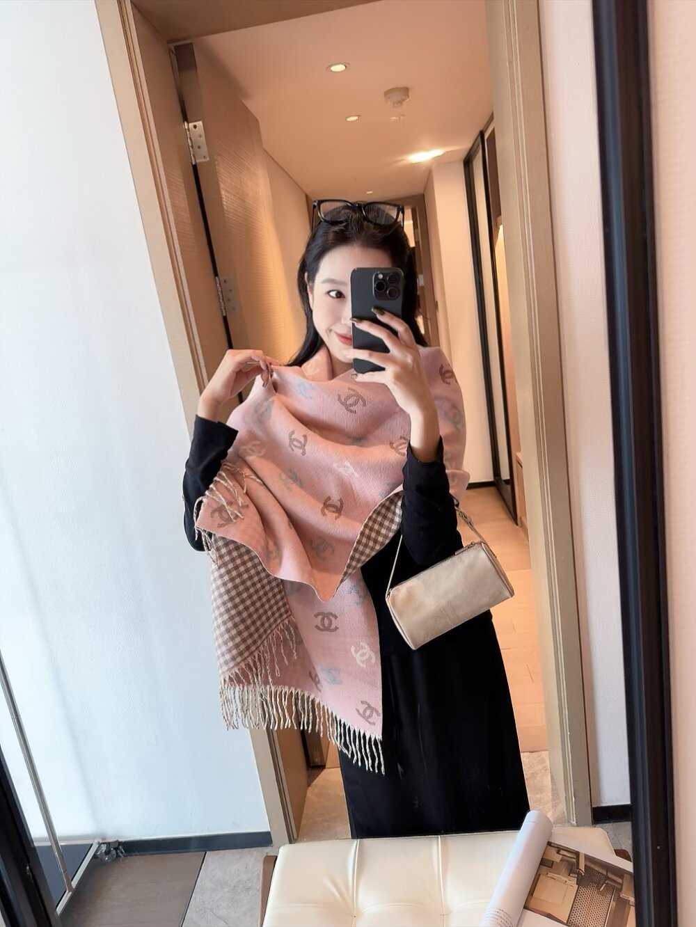 Chanel Reversible Motif Scarf — model