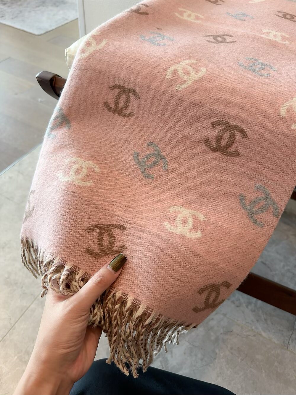 Chanel Reversible Interlocking-C Fringe Scarf — detail