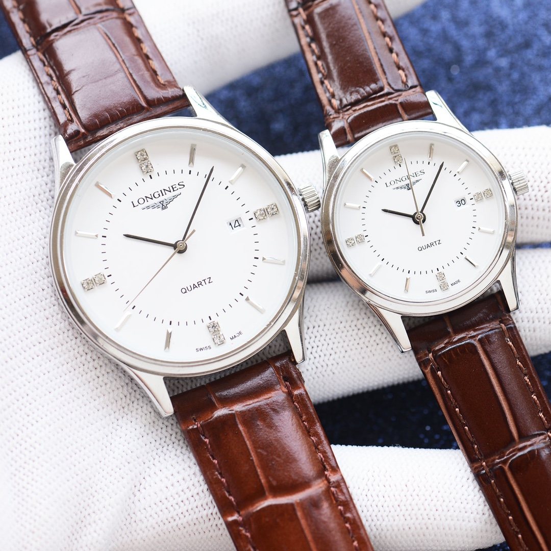 Longines Brown Silver White Dial Leather Strap Couple Watch Set — hero
