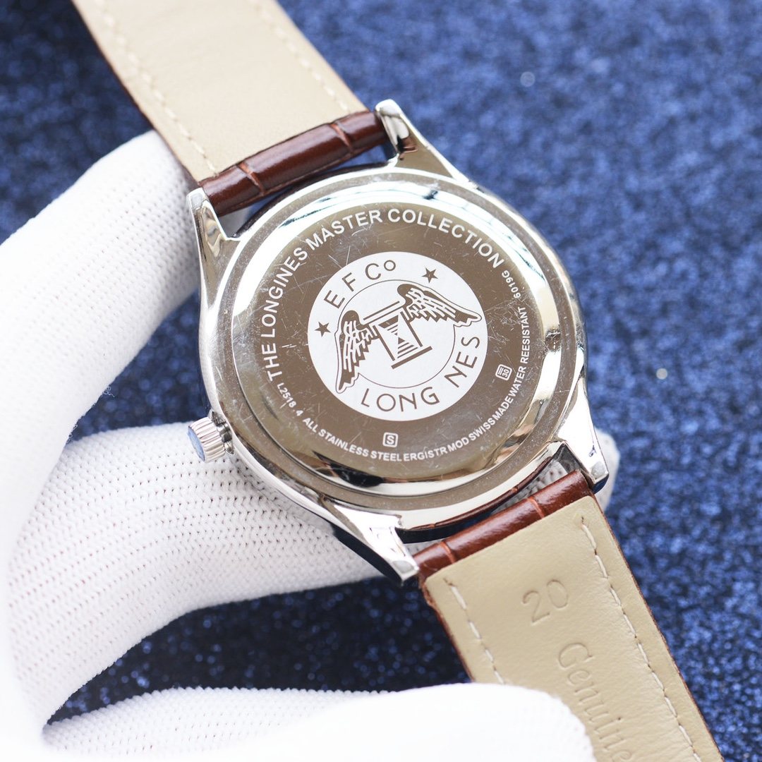 Longines Brown Silver White Dial Leather Strap Couple Watch Set — detail