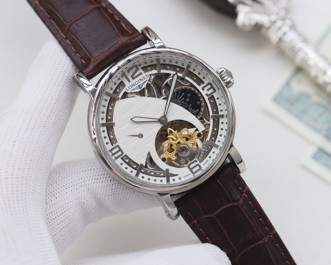 LONGINES Silver Brown White Dial Strap Watch — hero